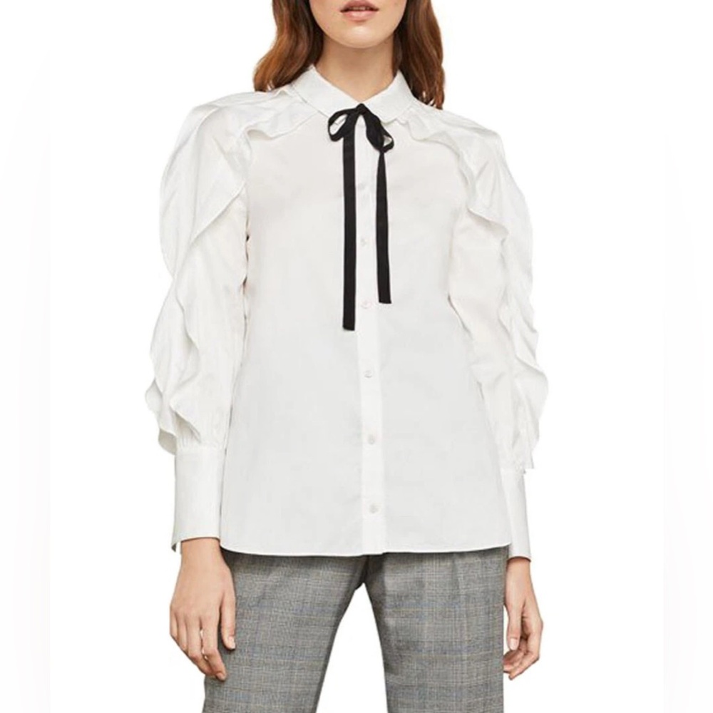 BCBGMaxAzria White Button Down with Black Ribbon